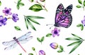 Watercolor tropical seamless pattern. Purple orchid flowers and palm leaves, butterflies, dragonflies on white Royalty Free Stock Photo