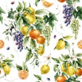 Watercolor tropical seamless pattern of ripe lemons, flowers, oranges, grapes and leaves. Hand painted branch of fruits Royalty Free Stock Photo