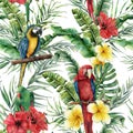 Watercolor tropical seamless pattern with tropical leaves and parrot. Hand painted flowers and palm branch on white