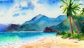 Watercolor tropical sunset landscape with ocean, sandy beach, palms, cloudy sky and mountains Royalty Free Stock Photo