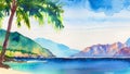 Watercolor tropical sunset landscape with ocean, sandy beach, palms, cloudy sky and mountains Royalty Free Stock Photo