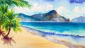 Watercolor tropical sunset landscape with ocean, sandy beach, palms, cloudy sky and mountains Royalty Free Stock Photo