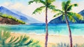 Watercolor tropical sunset landscape with ocean, sandy beach, palms, cloudy sky and mountains Royalty Free Stock Photo