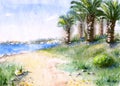 Watercolor tropical view with sea coast and palm trees.