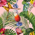 Watercolor tropical wildlife seamless pattern. Hand Drawn jungle nature, hibiscus flowers, drinks party illustration