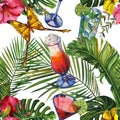 Watercolor tropical wildlife seamless pattern. Hand Drawn jungle nature, hibiscus flowers, drinks party illustration