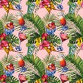 Watercolor tropical wildlife seamless pattern. Hand Drawn jungle nature, hibiscus flowers, drinks party illustration