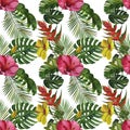 Watercolor tropical wildlife seamless pattern. Hand Drawn jungle nature, lemur, hibiscus flowers illustration