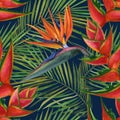 Watercolor tropical wildlife seamless pattern. Hand Drawn jungle nature, lemur, hibiscus flowers illustration Royalty Free Stock Photo