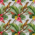 Watercolor tropical wildlife seamless pattern. Hand Drawn jungle nature, madagascar animals, hibiscus flowers illustration