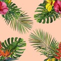 Watercolor tropical wildlife seamless pattern. Hand Drawn jungle nature, madagascar animals, hibiscus flowers illustration