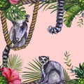 Watercolor tropical wildlife seamless pattern. Hand Drawn night jungle nature, lemur, animals eyes, illustration Royalty Free Stock Photo