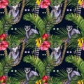 Watercolor tropical wildlife seamless pattern. Hand Drawn night jungle nature, lemur, animals eyes, illustration Royalty Free Stock Photo