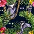 Watercolor tropical wildlife seamless pattern. Hand Drawn night jungle nature, lemur, animals eyes, illustration Royalty Free Stock Photo