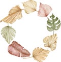 Watercolor tropical wreath. Dried palm leaves frame. Exotic illustration