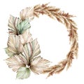Watercolor Tropical Wreath With Dry Palm Leaves And Pampas Grass. Hand Painted Exotic Leaves Isolated On White
