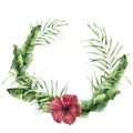 Watercolor tropical wreath with exotic leaves and flower. Hand painted coconut and banana palm tree branch, hibiscus Royalty Free Stock Photo