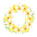 Watercolor tropical wreath with plumeria flowers and leaves. Can be used for cards, wedding invitation, save the dat