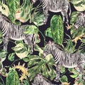 Watercolor tropical zebra animals seamless pattern on white background Royalty Free Stock Photo