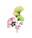 Watercolor tulip arrangement. Big pink flower with ginkgo leaves and berries isolated on white. Hand painted artwork Royalty Free Stock Photo