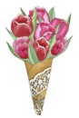 Watercolor tulip bouquet in craft paper cone