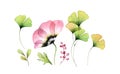 Watercolor tulip floral set. Collection of transparent flower, gingko branch, berries isolated on white. Botanical