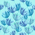 Watercolor tulip heads. Neon blue flowers. Floral seamless pattern. Ornament for textile or paper print, cards and background