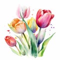 Watercolor Tulips Bouquet on White Background. A Stunning Artistic Creation. Generated AI.