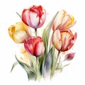 Watercolor Tulips Bouquet on White Background. A Stunning Artistic Creation. Generated AI.