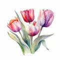 Watercolor Tulips Bouquet on White Background. A Stunning Artistic Creation. Generated AI.