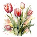 Watercolor Tulips Bouquet on White Background. A Stunning Artistic Creation. Generated AI.