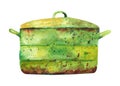 Watercolor tureen. Green rusty old saucepan on a white background