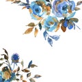 Watercolor turquoise roses, wildflowers, vintage greeting card. Natural blue floral design elements isolated on white background Royalty Free Stock Photo