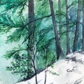 Watercolor turquoise winter wood forest pine landscape