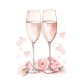 Watercolor Two Champagne Glasses Flutes with Roses leaves flowers Valentine\'s Day, Engagement, Wedding, Celebration Royalty Free Stock Photo