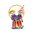 Watercolor two clowns with a circle illustration Royalty Free Stock Photo