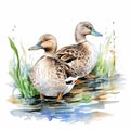 Watercolor Of Two Ducks Standing In Water Royalty Free Stock Photo