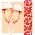 Watercolor two glasses of champagne wine alcohol heart love romantic frame border greeting card isolated art illustration Royalty Free Stock Photo