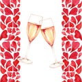 Watercolor two glasses of champagne wine alcohol heart love romantic frame border greeting card isolated art illustration Royalty Free Stock Photo