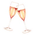 Watercolor two glasses of champagne wine alcohol isolated art illustration