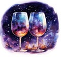 watercolor two glasses with wine against the background of a night sky with stars on white background Royalty Free Stock Photo