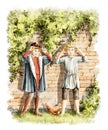 Watercolor two teenage boys Prince and Pauper changing clothes Royalty Free Stock Photo