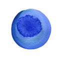 Watercolor ultramarine blue circle with uneven edges isolated on white background. Painted round texture of watercolour