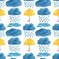 Watercolor umbrellas, clouds, puddles, rain seamless pattern. Cute hand painted illustration on white background. Seasonal autumn