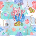 Watercolor under sea, seamless pattern. Colorful watercolor corals and shells. Textile print. Royalty Free Stock Photo