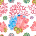 Watercolor under sea, seamless pattern. Colorful watercolor corals and shells. Textile print. Royalty Free Stock Photo