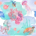 Watercolor under sea, seamless pattern. Colorful watercolor corals and shells. Textile print. Royalty Free Stock Photo