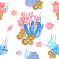 Watercolor under sea, seamless pattern. Colorful watercolor corals and shells. Textile print. Royalty Free Stock Photo