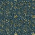 Watercolor undersea seamless pattern. Hand painted golden octopus, turtle, seahorse, laminaria, shell and coral reef