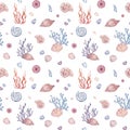 Watercolor undersea seamless pattern. Ocean nature with shells, seaweed and pebble. Hand-drawn illustration.